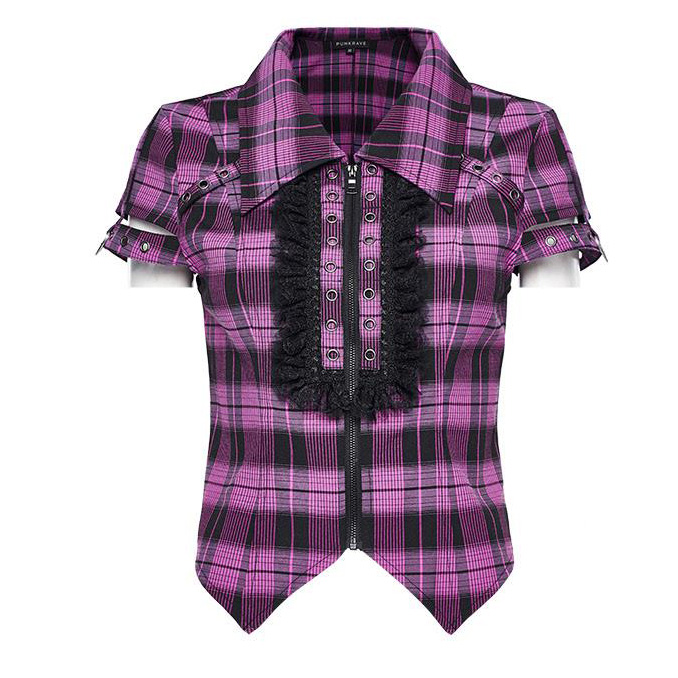 [펑크레이브] PUNK RAVE WY1460 프리티 큐트 플래이드 프레피 펑크 셔츠 바이올렛 핑크 (XS, S, M)